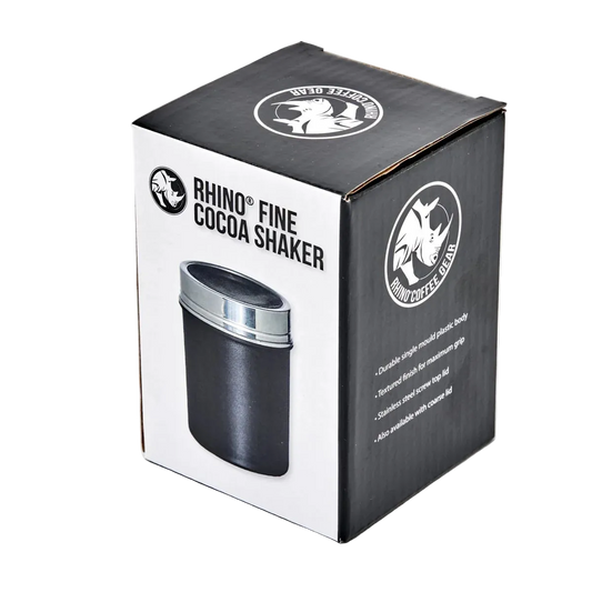Box packaging of Rhino Fine Cocoa Shaker with branding and product details.