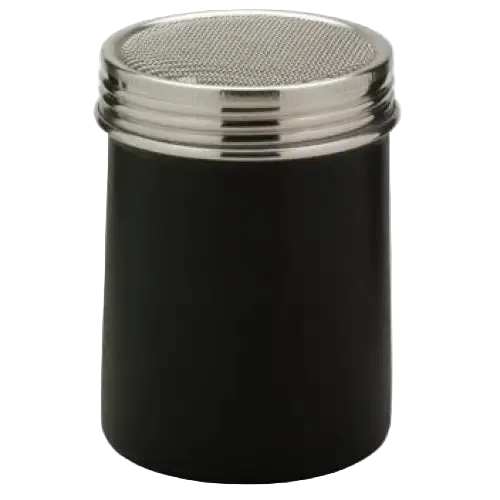 Black container with a silver mesh lid on a white background