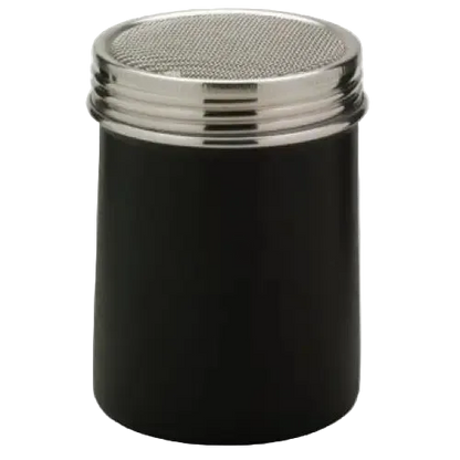 Black container with a silver mesh lid on a white background