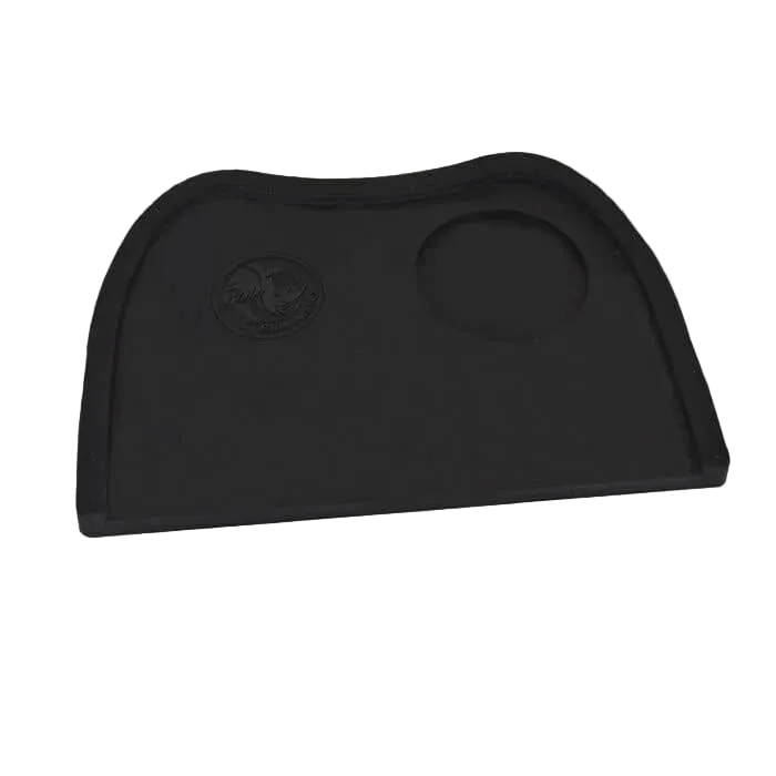 Black rubber mat with a logo on a white background