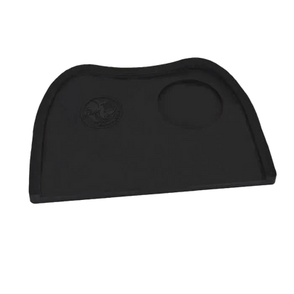 Black rubber mat with a logo on a white background