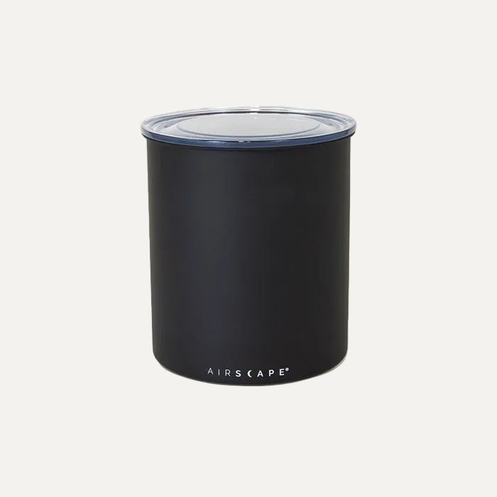 Airscape Classic matte black coffee canister with the lid removed